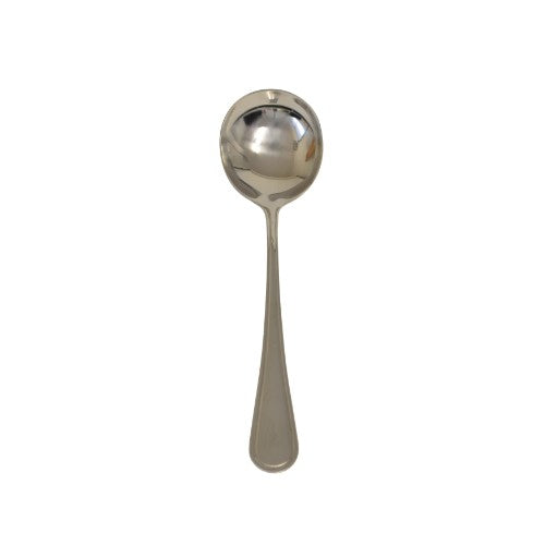 Set of 6 polished stainless steel soup spoons, combining elegance and functionality for any dining occasion.