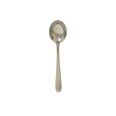 Set of 6 elegant satin-finish stainless steel dessert spoons for a sophisticated dining experience.