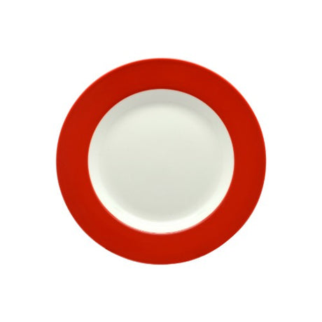 Set of six 20cm Rockingham New Bone red plates with banded edges, perfect for stylish dining and easy cleanup.