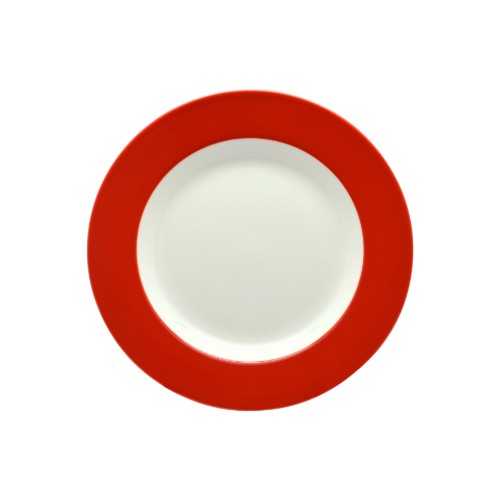 Set of six 20cm Rockingham New Bone red plates with banded edges, perfect for stylish dining and easy cleanup.