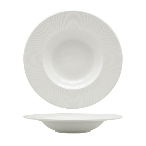 Elegant 23cm Leela Baralee soup plate with embossed design, perfect for serving soups, salads, or pasta. Durable porcelain.