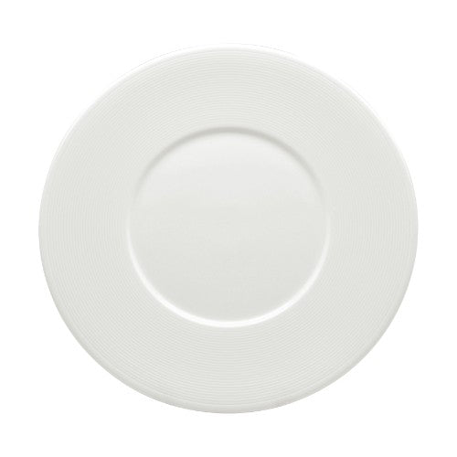 Ceramic 29cm Leela Baralee Wish Plate with wide rim, featuring intricate embossment, ideal for elegant dining presentations.
