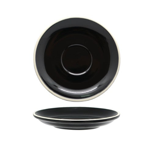 Set of 6 sleek black porcelain saucers for long blacks and flat whites, inspired by 18th-century English craftsmanship.