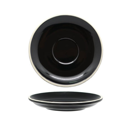 Set of 6 sleek black porcelain saucers for long blacks and flat whites, inspired by 18th-century English craftsmanship.