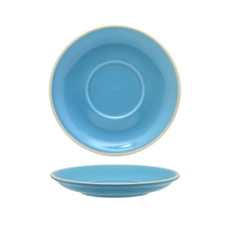 Set of 6 elegant sky blue cappuccino saucers, crafted from durable porcelain, perfect for enhancing coffee experiences.