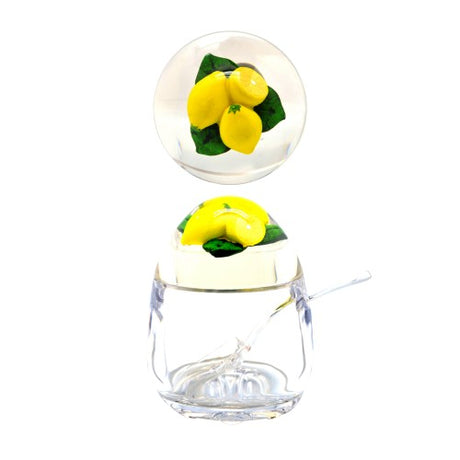 Acrylic jam pot with vibrant lemon lid, perfect for storing and showcasing your favorite jams and jellies.