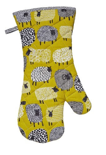 Oven glove featuring quirky Dotty Sheep design in mustard and grey, providing heat protection and style for your kitchen.