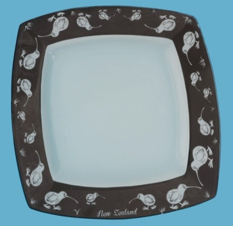 Glass plate featuring a whimsical kiwi edge design, ideal for serving snacks or desserts, celebrating Kiwiana culture.