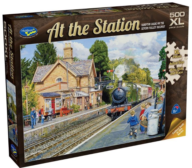 500-piece jigsaw puzzle featuring vintage railway scene by Trevor Mitchell, showcasing Hampton Loade on the Severn Valley Railway.