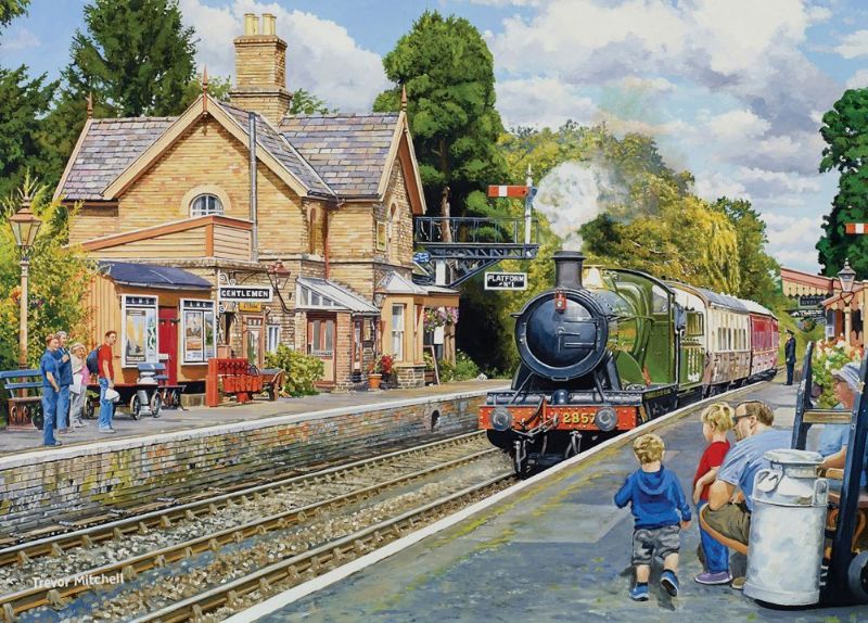 Jigsaw puzzle featuring vintage railway scene at Hampton Loade, 500 pieces by artist Trevor Mitchell, measuring 688mm x 493mm.