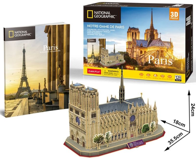 3D Puzzle of Paris Notre Dame, 128 pieces, 35.5 x 18 x 24 cm, easy assembly, educational, and architectural model.