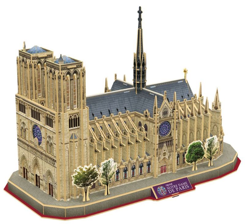 3D puzzle of Paris Notre Dame, featuring 128 pieces and standing 35.5 x 18 x 24 cm, perfect for puzzle and architecture lovers.