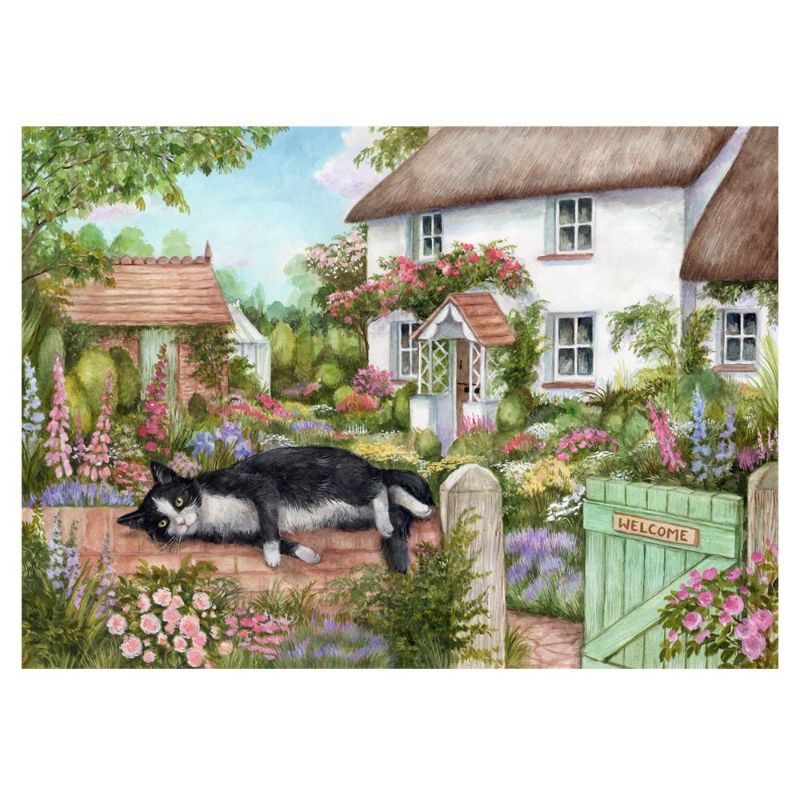 Cottage Cats jigsaw puzzle featuring 500 pieces of whimsical feline art by Debbie Cook, perfect for family fun.
