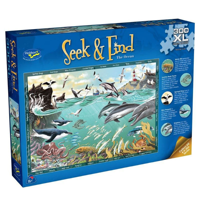 Colorful 300-piece ocean jigsaw puzzle featuring marine life and hidden items for an adventurous scavenger hunt experience.