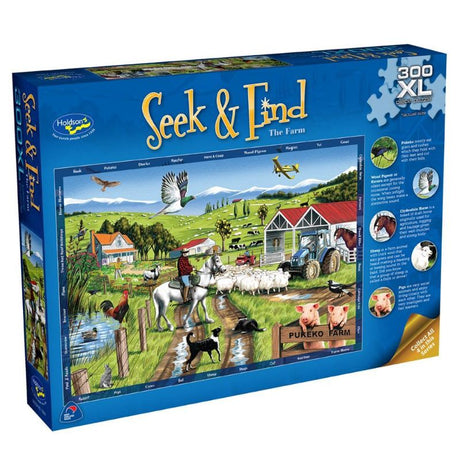 300-piece jigsaw puzzle featuring vibrant New Zealand farm artwork with a 'Seek & Find' hidden item challenge.