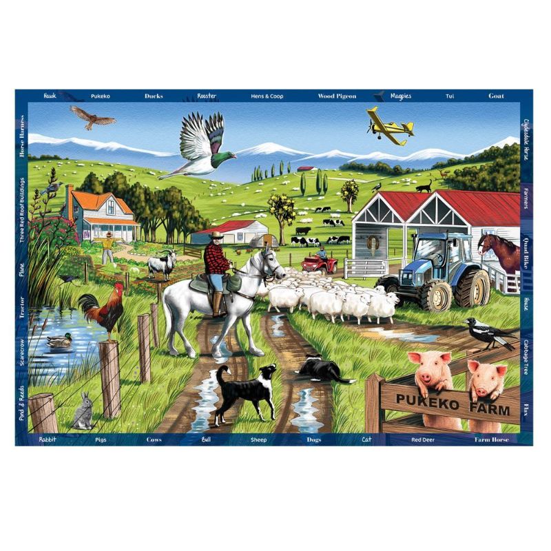 300-piece jigsaw puzzle featuring vibrant New Zealand farm artwork with a Seek & Find twist for added fun.