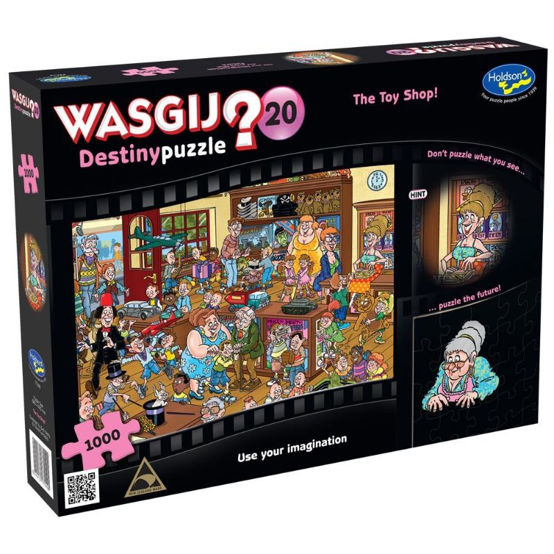 Whimsical 1000-piece Wasgij puzzle depicting a nostalgic toy shop scene, encouraging imagination and creativity.