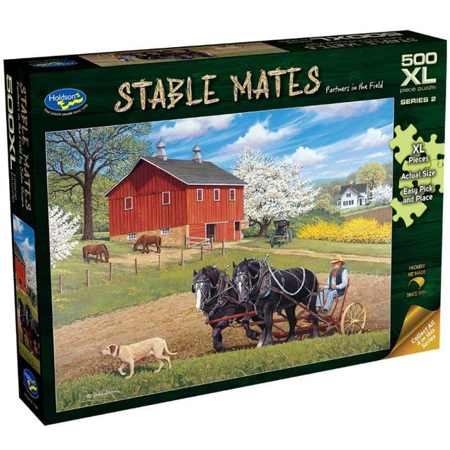 500-piece jigsaw puzzle featuring vibrant horses in a stable setting, beautifully illustrated by John Sloane.