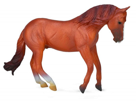 Hand-painted 15cm Australian Stock Horse stallion figurine in chestnut, crafted from durable, non-toxic PVC for collectors and kids.