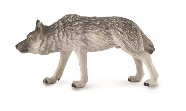 Hand-painted 10cm Timber Wolf figurine, showcasing detailed craftsmanship and durable, non-toxic PVC for wildlife décor.