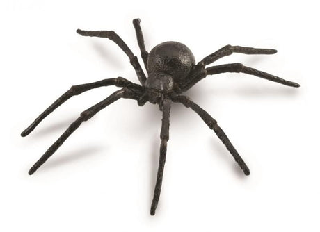 Intricate Black Widow Spider figurine (14cm) with glossy black body and red markings, ideal for collectors and decor.