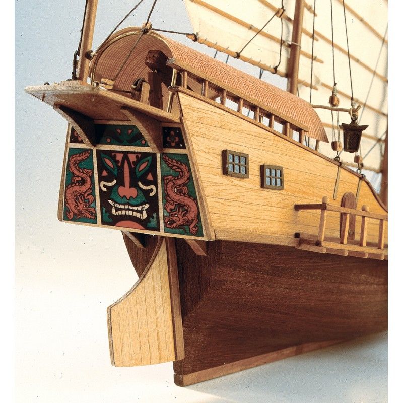 Detailed 1/60 scale model kit of the Red Dragon Chinese junk, featuring laser-cut parts and a comprehensive assembly guide.