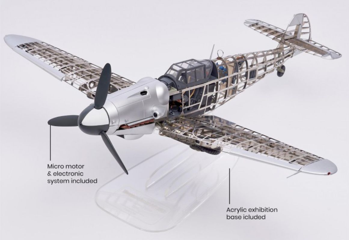 1/16 scale plastic model of the Messerschmitt Bf 109G with LED lights and e-motor for realistic display.