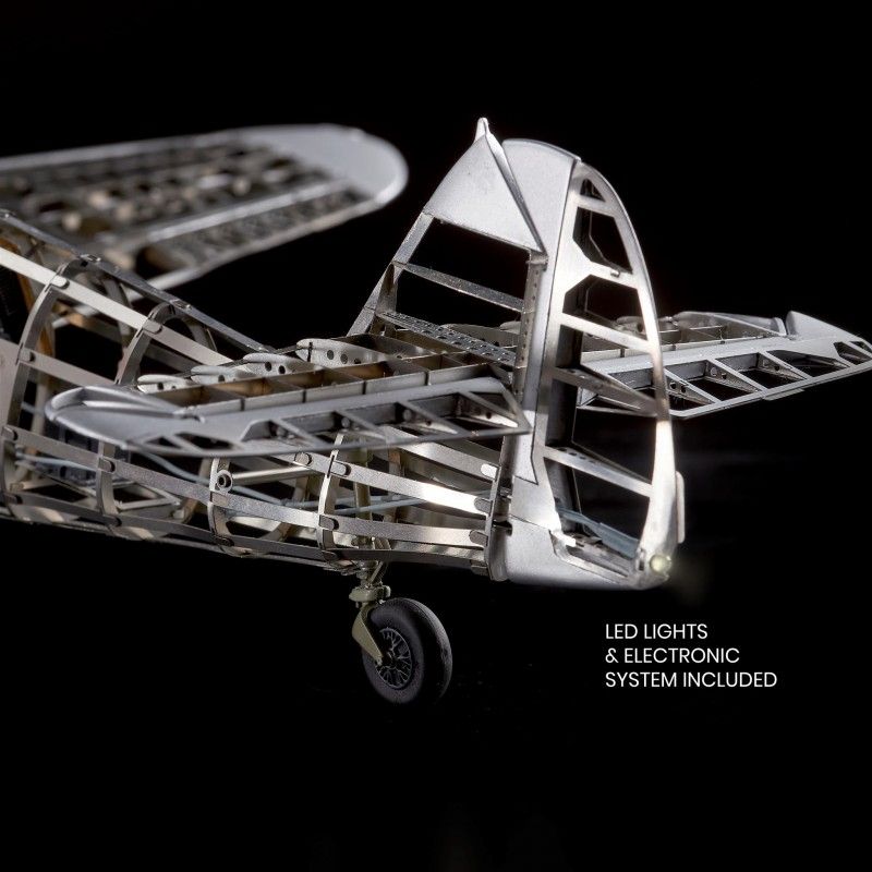 Scale model of Messerschmitt Bf 109G, 1/16, featuring e-motor, LED lights, and engraved base for stunning display.