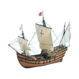 Detailed 1/65 scale wooden ship model kit of La Pinta with laser-cut parts, metal fittings, and hand-sewn sails.