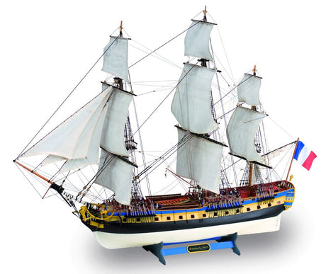 Detailed wooden ship model kit of Hermione La Fayette, featuring brass fittings and pre-sewn sails for an authentic build experience.