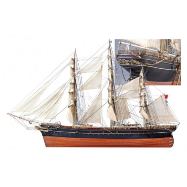 Detailed wooden model kit of the Cutty Sark, featuring laser-cut parts and accurate assembly for ship modeling enthusiasts.