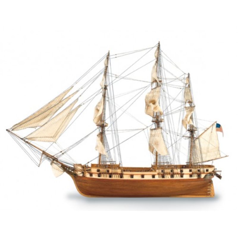 Detailed 1:85 scale model ship kit of the USS Constellation with laser-cut wood, brass, and authentic cotton sails.