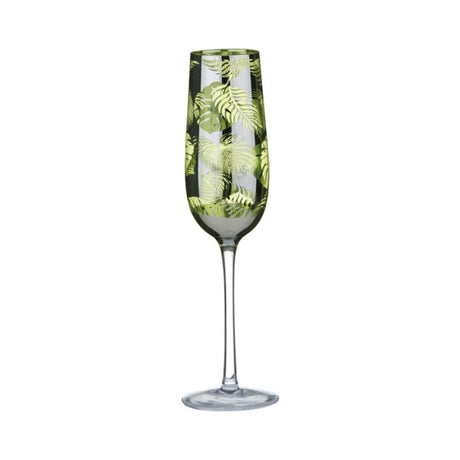 Artland Tropical Leaves Champagne Flute featuring a mirrored silvered exterior and vibrant green metallic interior with tropical leaf design.