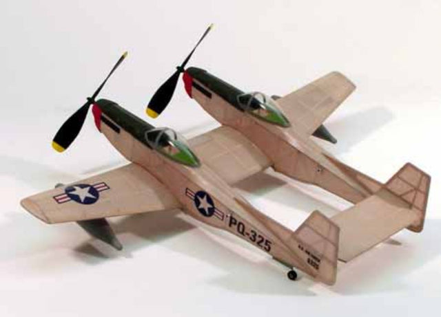 Balsa Glider model showcasing F-82 Twin Mustang design with 44cm wingspan, vibrant decals, and lightweight construction for smooth flight.