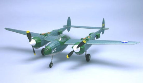 Balsa glider model of the P-38 Lightning with 76cm wingspan, includes vibrant decals and laser-cut parts for easy assembly.