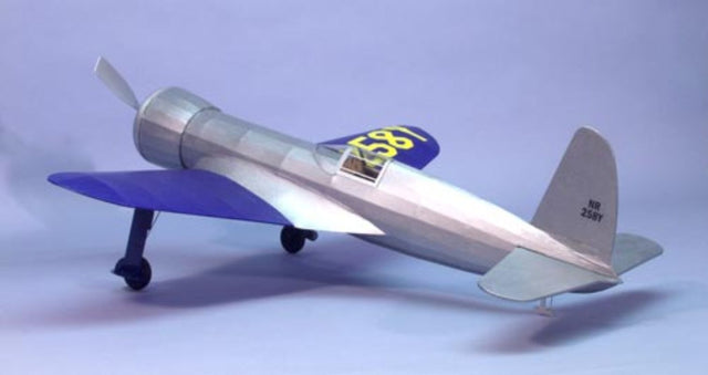 Lightweight 24" balsa wood glider inspired by classic Hughes racers, perfect for indoor or outdoor flying fun.