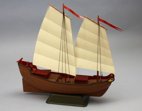 Detailed Wooden Ship Kit for a Chinese Junk model, featuring laser-cut parts, paper sails, and a vacuum-formed hull.