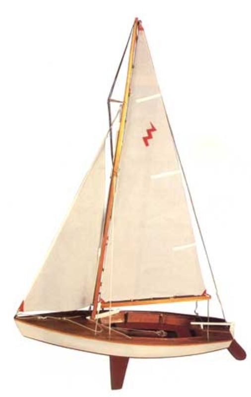 Detailed wooden 19" sailboat kit showcasing elegant design and realistic sail configuration for hobbyists and collectors.