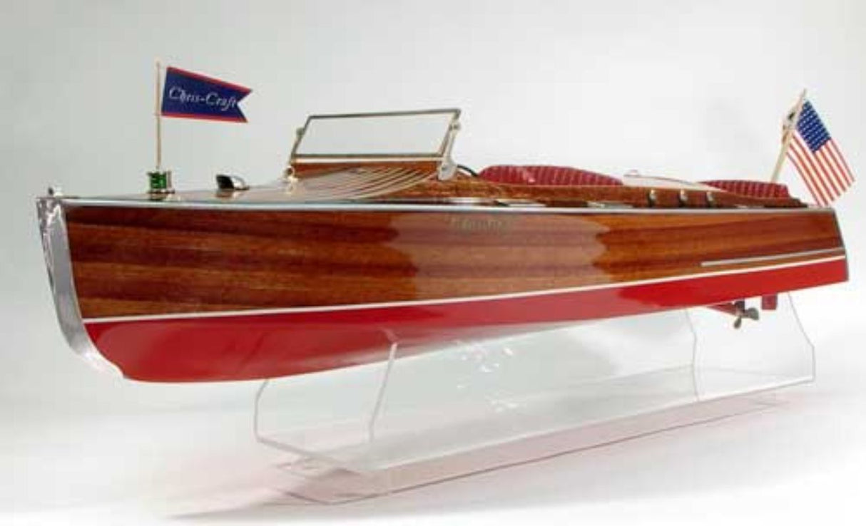 Detailed wooden model kit of the 1930 Chris Craft Runabout, showcasing vintage speedboat design and craftsmanship.