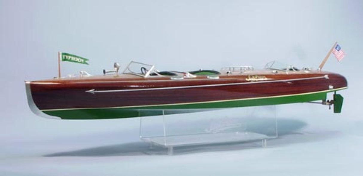 Detailed wooden model ship kit of the 42-1/2" Typhoon Runabout, featuring a double-planked hull and chrome-plated fittings.