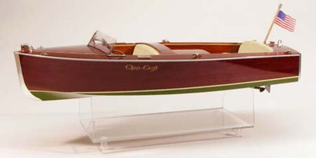 Detailed 24" wooden model kit of the 1947 Chris Craft Utility, featuring chrome fittings and personalized decals.