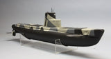 Alt text: 33" USS Bluefish submarine model kit for hobbyists, features vacuum-formed parts and dual electric motors for pool use.