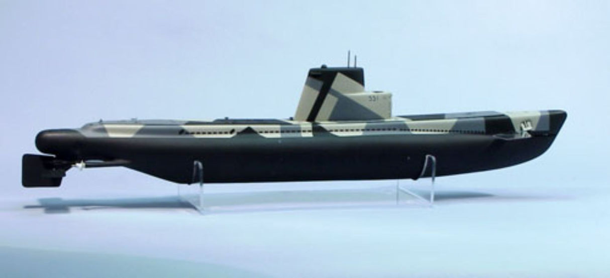 Alt text: "Wooden Ship Kit featuring 33-inch USS Bluefish submarine replica, designed for pool use with dual electric motors."