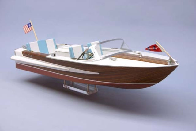 30-inch wooden model kit of the 1964 Chris Craft Super S, featuring laser-cut parts and chrome fittings for easy assembly.