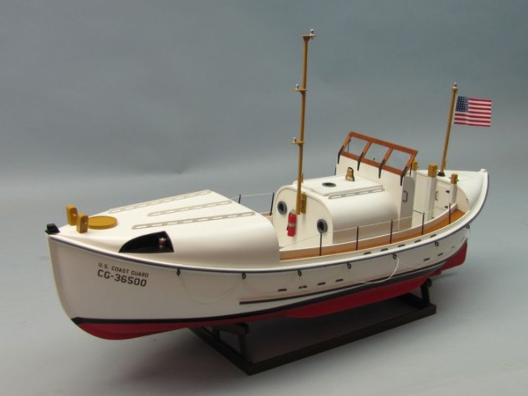 Wooden model kit of the USCG 36500 lifeboat, featuring precision-cut parts and high-quality wood for hobbyists.