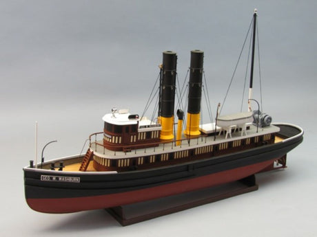 Detailed wooden model kit of Tug George W Washburn, perfect for hobbyists and enhancing nautical decor.