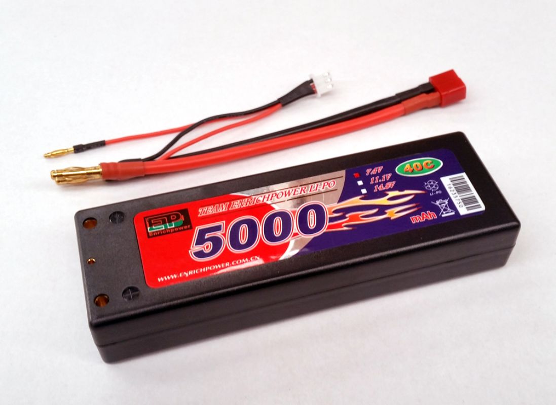 Enrichpower Li-Po 7.4V 5000mAh 2S 40C battery for RC vehicles and drones, featuring high discharge rates and Deans connector.