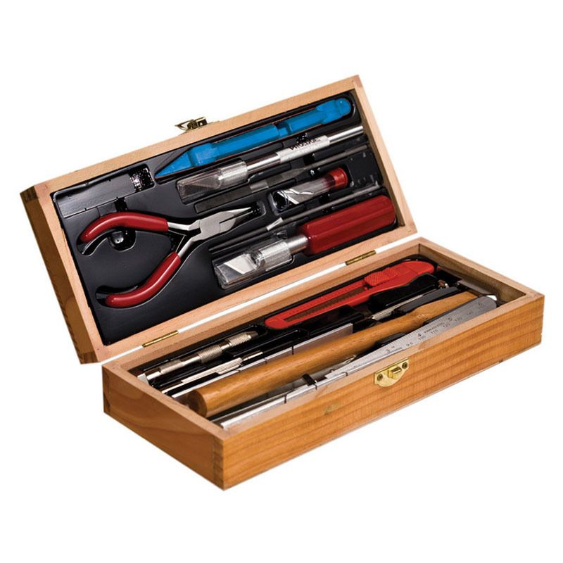 Deluxe toolset in a stylish wooden box, featuring high-quality tools for DIY projects and repairs.