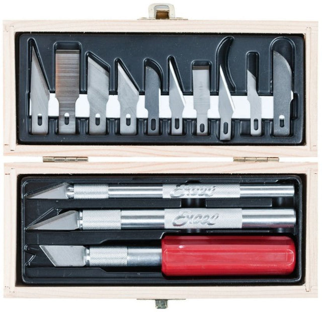 Excel Hobby Set featuring 3 precision knives and 10 interchangeable blades for intricate cutting and crafting.