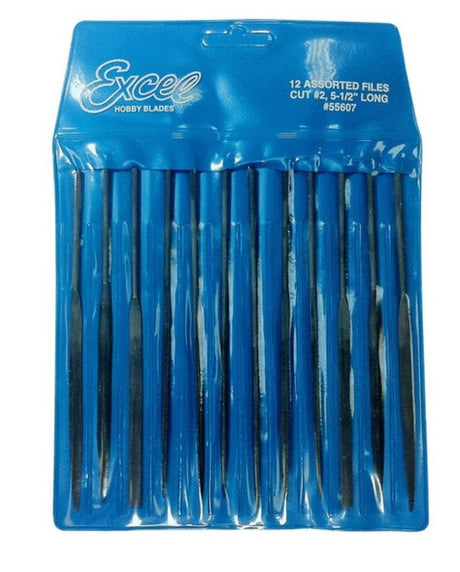 Set of 12 precision needle files in a pouch, ideal for detailed work on wood, metal, and plastic. Perfect for various crafting tasks.